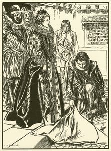 Raleigh breitet seinen Mantel vor Elizabeth aus (Gravur) von Thomas Heath Robinson