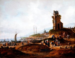 Ansicht von Scheveningen mit Fischern, die ihren Fang verkaufen von Thomas Heeremans
