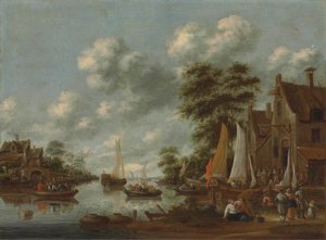 Flusslandschaft mit Fähren und anderen Schiffen, Figuren steigen bei einem Gasthaus aus von Thomas Heeremans