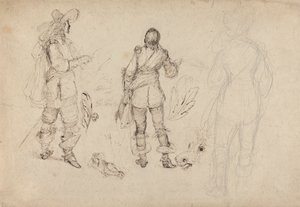 Seite mit Skizzen von Kavaliere, Pferdekopf und Federn von Thomas Henry Nicholson