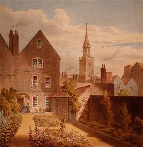 Ansicht von Mr Upcotts Haus und Garten mit der Islington Kirche in der Ferne, ca. 1835