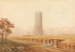 Bonapartes Säule im Gerüst in Boulogne, Frankreich, mit Erntearbeitern auf einem Feld von Thomas Hosmer Shepherd