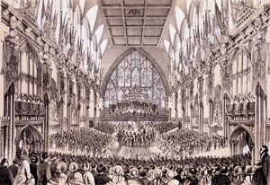 Innenansicht der Guildhall - Der Lord Mayor und die Corporation überreichen ihre Adresse an den Kaiser und die Kaiserin von Frankreich, 19. April 1855 von Thomas Hosmer Shepherd