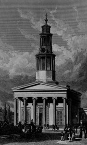 St. Pancrass Kirche, Westfront, graviert von James Tingle 1827 von Thomas Hosmer Shepherd