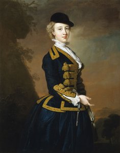 Porträt von Nancy Fortescue, in einem dunkelblauen Reitanzug mit Goldverzierung und Mütze