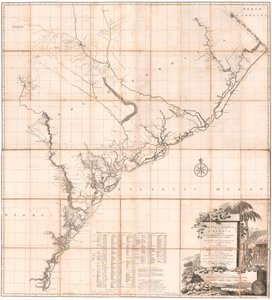 Eine Karte von South Carolina und einem Teil von Georgia von De Brahm