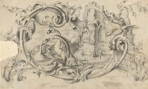 Entwurf für eine Tafel für ein Kaminstück mit zwei kämpfenden Schwänen, umgeben von einer Schriftrolle, 1762