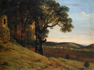 Walisische Landschaft mit Eichen bei einer Ruine von Thomas Jones