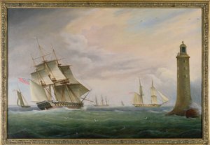 Eine Fregatte und eine Marinebrigade passieren den Eddystone-Leuchtturm