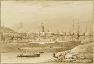 Bristol von der Coronation Road mit Cumberland Road, dem New Cut und einem Blick auf die Kirchen von Bristol von Thomas Leeson the Elder Rowbotham