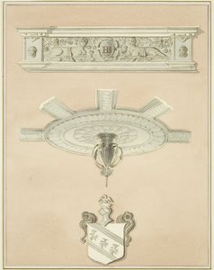 Details des Raums in der Rechtsbibliothek, einschließlich zentralem Deckenpendel und Gesims