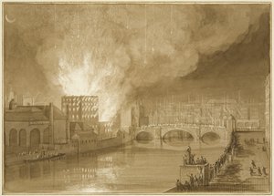 Feuer im Old Sugar House, Tucker Street von Thomas Leeson the Elder Rowbotham