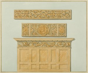 Teile der Vertäfelung und des Frieses im Langton Mansion, auf der Rückseite