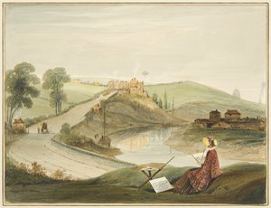 Totterdown und Pile Hill von der Bath Road, zeigt die Brislington Turnpike (mit einer Miss Braikenridge? beim Skizzieren) von Thomas Leeson the Elder Rowbotham