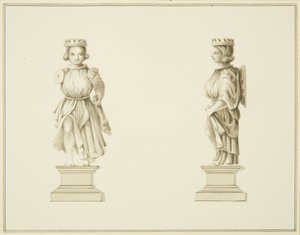 Zwei Ansichten einer geschnitzten Holzfigur im Vestraum der St John