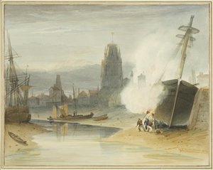 Blick auf St. Mary Redcliffe vom Gibb-Slip vor der Entstehung des Schwimmhafens, zeigt auch das Teeren des Schiffsbodens