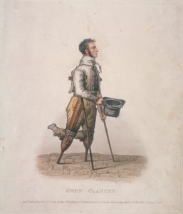 Owen Clancy, bettelnd mit seinem Hut in der Hand, auf Krücken und mit Vorrichtungen an den Beinen, 1820