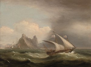 Ein bewaffneter Xebec im Mittelmeer, eine britische Fregatte hinter ihr und vorbei an einer felsigen Küste, 1822