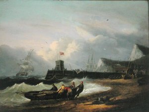 Ein Boot an Land ziehen vor dem Hafen von Dover