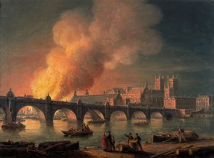 Westminster Bridge und der Brand der Houses of Parliament von Lambeth, 1835 von Thomas Luny