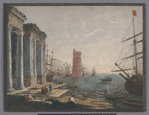 Ansicht eines Hafens mit Schiffen und Booten auf dem Wasser