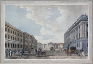 Blick auf die Millionnaya-Straße und den Marmorpalast durch das Marsfeld, 1790 von Thomas Malton the Elder