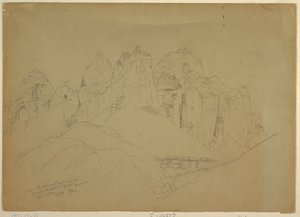 Zeichnung, Rio Virgin River mit großen Felsformationen, 1873