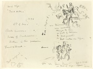 Blatt mit Skizzen: Soldat zu Pferd und Soldat mit Säbel, der Gefangenen führt (recto); Blatt mit Skizzen (verso) von Thomas Nast
