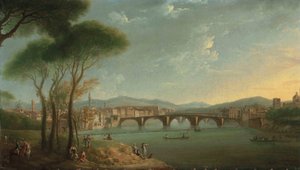 Ein Blick auf den Arno, Florenz, von den Cascine-Gärten, mit Figuren, die im Vordergrund fischen und auf den Felsen ruhen, die Ponte alla Carità und die Ponte Vecchio im Hintergrund