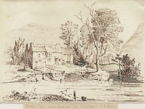 Dovedale - Thorpe Mühle (Feder- und Sepia-Zeichnung) von Thomas Peploe Wood