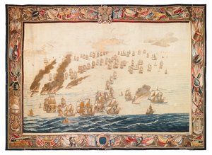 Historischer Wandteppich der Schlacht bei Solebay, Mortlake, Entwürfe zugeschrieben William van de Velde, ca. 1688