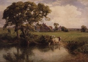 Rinder trinken in der Nähe eines Bauernhauses