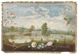 Das Gewächshaus im Woodside House, Old Windsor, in einer Kartusche mit Blumen dekoriert