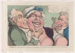 Ein französischer Zahnarzt zeigt ein Exemplar seiner künstlichen Zähne und falschen Gaumen, 26. Februar 1811 von Thomas Rowlandson