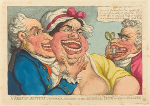 Ein französischer Zahnarzt zeigt ein Exemplar seiner künstlichen Zähne und falschen Gaumen von Thomas Rowlandson