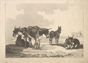 Eine Gruppe von fünf Eseln, drei stehend, zwei liegend, 1783-87