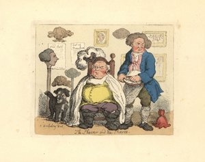 Barbier und Kunde in einem mit Perücken dekorierten Friseursalon