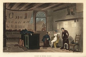 Schuh- und Stiefelladen: Frauenkunden probieren Schuhe und Stiefel bei einem Schuster in Leatherhead an. Handkolorierte Kupferstichgravur von Thomas Rowlandson, Aquatinta von J.C. Stadler, nach einer Skizze von J. Green aus Poetical Sketches of Scarborough