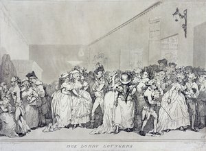 Box Lobby Loungers, geätzt von Rowlandson nach einem Entwurf von Henry Wigstead, veröffentlicht von John Raphael Smith, 1786 von Thomas Rowlandson