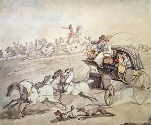 Kutschen und Reiter in voller Geschwindigkeit über offenes Grasland, ca. 1800