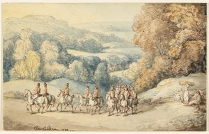 Kavallerie auf dem Marsch (recto); Fragment einer Skizze eines Pferdes (verso) von Thomas Rowlandson