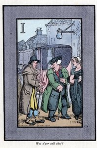Kutscher von Hackney beschwert sich über kleine Trinkgelder (1819). Holzstich, basierend auf einem Gemälde von Thomas Rowlandson, veröffentlicht in The Cris of London