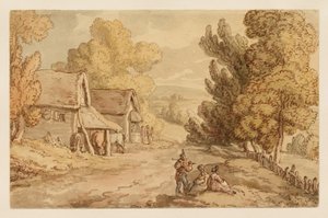 Hütte und Scheune mit Figuren, die an der Seite einer Landstraße ruhen