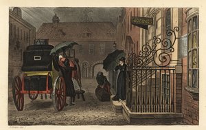 Abreise: Touristen laden Gepäck in einen Wagen vor einem Hotel im Regen. Handkolorierte Kupferstichgravur von Thomas Rowlandson, Aquatinta von J.C. Stadler, nach einer Skizze von J. Green aus Poetical Sketches of Scarborough, Ackermann, London von Thomas Rowlandson