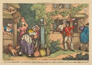 Sterben aus Liebe, oder Captain Careless von einem fünfzehnjährigen Mädchen erschossen, das unerwartet ihren Kopf aus einem Fenster streckte von Thomas Rowlandson