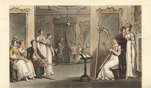 Englischer Gentleman und Damen hören einem Harfenisten bei einem Ball zu von Thomas Rowlandson