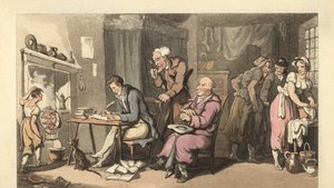 Englischer Gentleman schreibt einen Bittbrief in einem heruntergekommenen Salon von Thomas Rowlandson