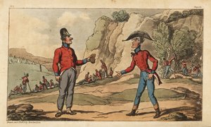 Fähnrich Johnny Newcome und sein Unteroffizier auf halben Rationen nach der Schlacht von Salamanca. Soldaten begraben die Toten, während andere in ihrem Lager ruhen. Handkolorierte Kupferstichgravur, gezeichnet und radiert von Thomas Rowlandson aus Colonel