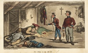 Fähnrich Johnny Newcome mit Dysenterie in seinem Quartier in Medina, Spanien. Handkolorierter Kupferstich, gezeichnet und radiert von Thomas Rowlandson aus Colonel David Roberts