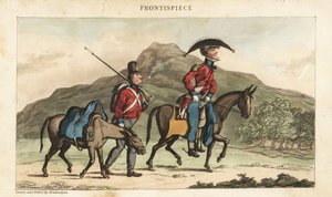 Fähnrich Johnny Newcome reitet auf einem Pferd, begleitet von einem Unteroffizier mit Packpferd in Portugal. Handkolorierte Kupferstichgravur, gezeichnet und radiert von Thomas Rowlandson aus Colonel David Roberts